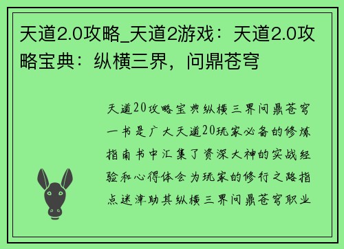 天道2.0攻略_天道2游戏：天道2.0攻略宝典：纵横三界，问鼎苍穹